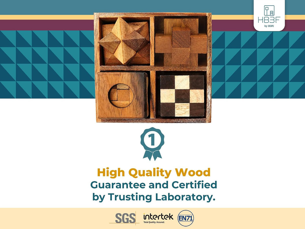 BSIRI 4-in-1 Wooden Brain Teaser Puzzle Set