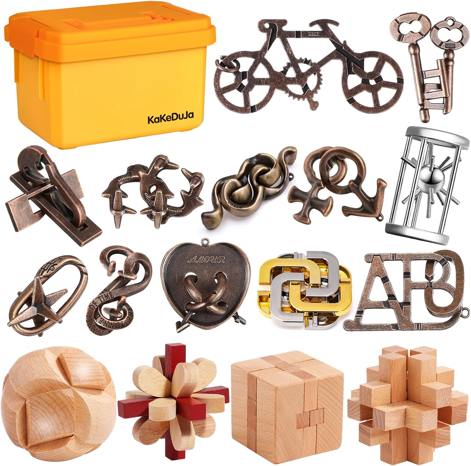 16-Piece Metal & Wooden Brain Teaser Puzzle Set