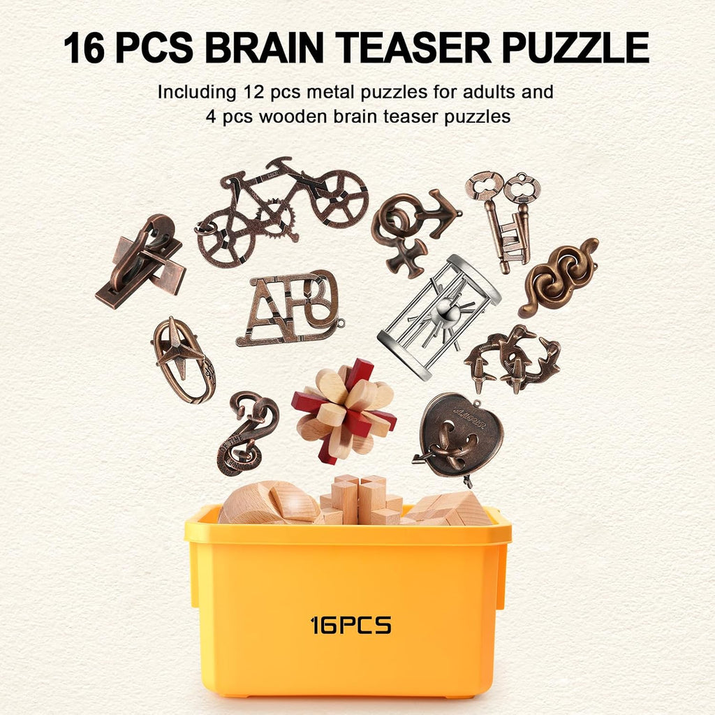 16-Piece Metal & Wooden Brain Teaser Puzzle Set