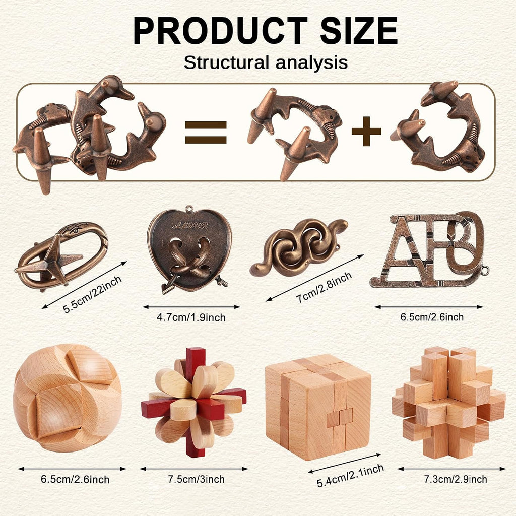 16-Piece Metal & Wooden Brain Teaser Puzzle Set