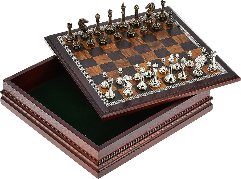 Metal Chess Set with Deluxe Wooden Board & Storage