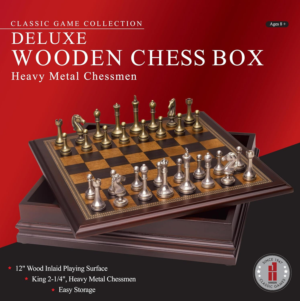 Metal Chess Set with Deluxe Wooden Board & Storage