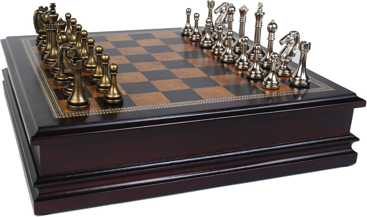 Metal Chess Set with Deluxe Wooden Board & Storage